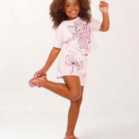 Conjunto curto infantil de algodão lilo e stitch rosa