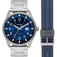 Kit relógio masculino orient mbss1452d2sx analógico calendário prateado