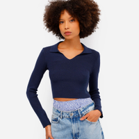 Polo básica feminina de tricot manga longa azul
