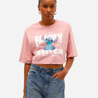 Cropped feminino de algodão manga curta stitch rosa