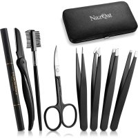 8-in-1 Eyebrow Grooming Kit with 4 Precision Tweezers, Razor, Scissors, Brush & Pencil - Stainless Steel Tools in Padded Case