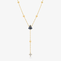 Colar Terço Nossa Senhora Aparecida com Safira e 3 Pontos de Diamantes em Ouro Amarelo 18k
