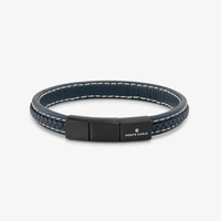 Pulseira Masculina de Couro Azul em Aço Preto - 21 cm