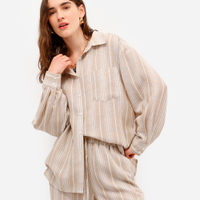 Camisa feminina manga longa listrada bege