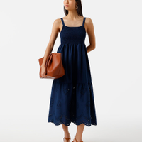 Vestido midi alça fina feminino de algodão com recorte bordado azul