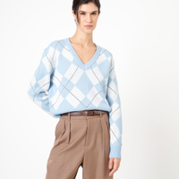 Suéter feminino te tricot decote v xadrez argyle colorido