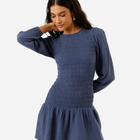 Vestido curto feminino de algodão manga longa franzido azul