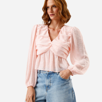 Blusa feminina com viscose e pregas manga bufante rosa