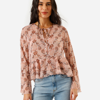 Bata feminina manga longa com babados floral bege
