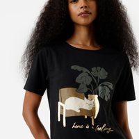 Camiseta feminina de algodão gato preta