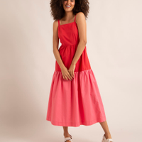 Vestido midi alça fina com elástico e amarração vermelho
