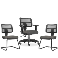 Kit Cadeira de Escritório Giratória e 02 Cadeiras Fixas Zip L02 Linho Cinza Escuro - Lyam Decor