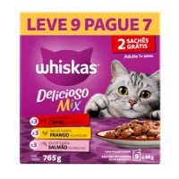 Ração Úmida Whiskas Sachê Gatos Adultos Carne, Frango e Salmão - Leve 9 Pague 7