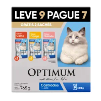 Ração Úmida Optimum Sachê Gatos Adultos Castrados Carne, Frango e Salmão - Leve 9 Pague 7