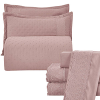 Kit Cobre Leito Queen + Jogo de Lençol Micropercal 300 Fios com Bordado Inglês Santorini 7 Peças - Malva