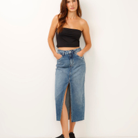 Saia jeans midi cintura alta com fenda azul escuro