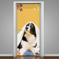 Adesivo de Porta Pet Shop Cachorro com Toalha Fundo Bege com Detalhes-83X210Cm