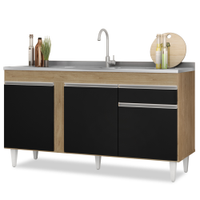 Balcão Gabinete com Pia Inox 150cm 3 Portas 1 Gaveta Dakota Castanho/Preto - Lumil