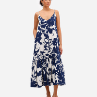 Vestido midi feminino de viscose com recorte floral azul