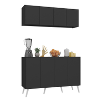 Kit Armário de Cozinha Aéreo e Balcão 4 Portas Retrô Multimóveis MP2170 Preto/Branco