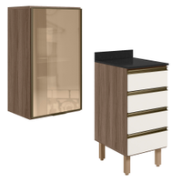 Armario Aereo Vidro Balcao 4G 40 cm MDF Kali Carvalho Toq Off White Cetim Nicioli