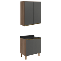 Armario Aereo Balcao 2 Portas 80cm MDF Kali Carvalho Toq Chumbo Nicioli