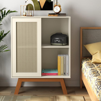 Balcao Alto Aparador Buffet Com Porta De Correr Rattan Pés Em Madeira Off White