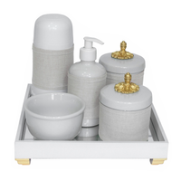 Kit Higiene Espelho Completo Porcelanas, Garrafa Pequena e Capa Provençal Dourado Quarto Bebê Unissex