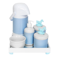 Kit Higiene Espelho Completo Porcelanas, Garrafa e Capa Cavalinho Azul Quarto Bebê Menino