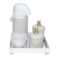 Kit Higiene Espelho Potes, Garrafa, Molhadeira e Capa Ursinho Dourado Quarto Bebê Unissex