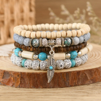 Ethnic Bohemia Turquoise Beaded Bracelets For Men Spotted Beads Vintage Leaves Nature Stone Wooden Beaded Bracelets Gifts