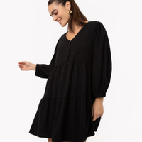 Vestido curto texturizado manga longa preto