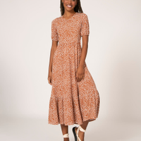Vestido em viscose midi decote redondo manga curta estampado poá marrom
