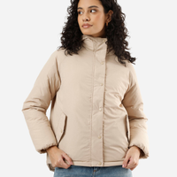 Jaqueta puffer feminina com capuz bege