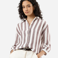 Camisa feminina de algodão manga longa listrada marrom