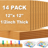 Cork Board Tiles 12x12 in 0.5 in Thick for Wall with Push Pins Self Adhesive 14 Pack