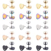 30Pcs 5 Colors 9mm Stainless Steel Heart Shape Stud Earring Findings with Earring Backs Vacuum Plating Stud Earrings Matte