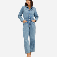 Macacão feminino jeans manga longa azul