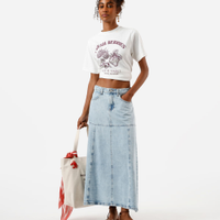 Saia midi evasê feminina jeans com recorte cintura alta azul
