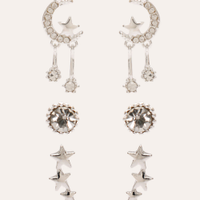Kit de 3 brincos com strass e pingente de luz e estrelas prateado