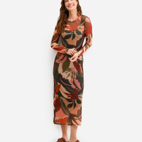 Vestido midi feminino de tule manga longa folhagem verde