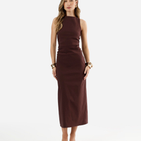 Vestido midi feminino decote canoa com fenda vinho