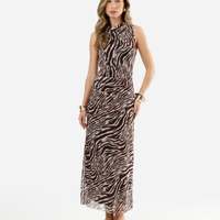 Vestido midi feminino de tule com pregas animal print bege
