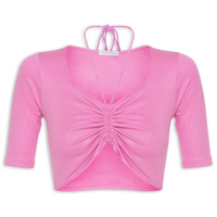 Blusa Manga Curta Malha Canelada Neckline - Rosa