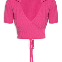 Blusa Cropped Transpassada Tricot - Rosa