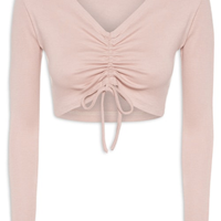 Blusa Feminina Cropped Decote Amarração Malha Canelada - Rosa