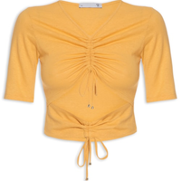 Blusa Feminina Malha Natural Linho Manga Curta Franzidos - Amarelo