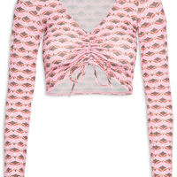 Blusa Cropped Manga Longa Com Ajuste - Rosa