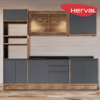 Cozinha Modulada Completa 5 Peças com Tampo 100% MDF Herval Uno, Grafite com Louro Freijó 270 cm