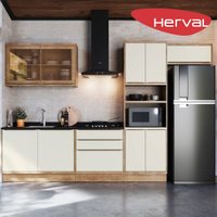 Cozinha Modulada Completa 5 Peças com Tampo 100% MDF Herval Uno, Off White e Louro Freijó 350 cm